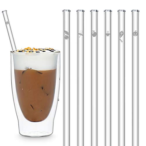 HALM Glass Straws - Autumn Edition - 6 Reusable Drinking Straws With Engraved Autumn Icons 20cm (8 in) - Leafs, Umbrella, Apple, Teacup, Kite, Pumpkin - Made in Germany - Dishwasher Safe