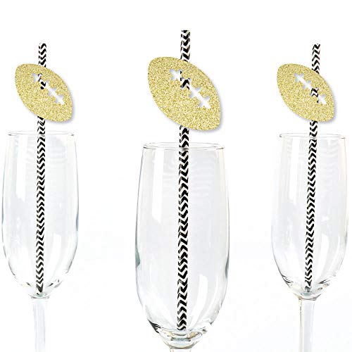 Gold Glitter Football Party Straws - No-Mess Real Gold Glitter Cut-Outs and Decorative Baby Shower or Birthday Party Paper Straws - Set of 24