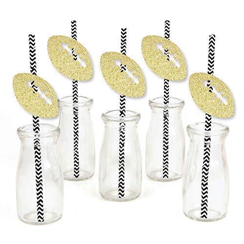 Gold Glitter Football Party Straws - No-Mess Real Gold Glitter Cut-Outs and Decorative Baby Shower or Birthday Party Paper Straws - Set of 24