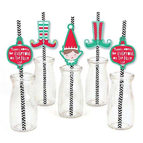 Big Dot of Happiness Elf Squad - Paper Straw Decor - Kids Elf Christmas and Birthday Party Striped Decorative Straws - Set of 24