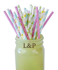 easter color apple green, aqua, yellow and hot pink paper straw combo with stripes, polka dot, and chevron design 100 pk