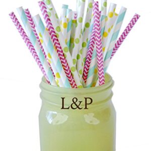 Easter Color Apple Green, Aqua, Yellow and Hot Pink Paper Straw Combo with Stripes, Polka Dot, and Chevron Design 100 Pk