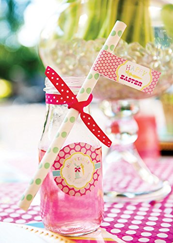 Easter Color Apple Green, Aqua, Yellow and Hot Pink Paper Straw Combo with Stripes, Polka Dot, and Chevron Design 100 Pk