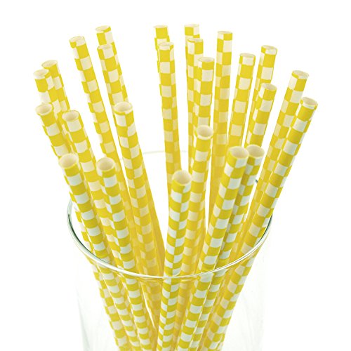 Race Car Checkered Paper Straws, 7-3/4-inch, 25-pack (Yellow)