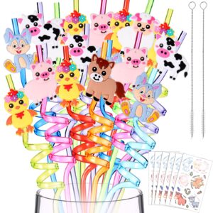 40 pieces farm animals straws goodie gifts, 6 sheets farm animals tattoos sticker 32 pcs plastic reusable farm animals drinking straws with 2 cleaning brushes for kids birthday farm party supplies