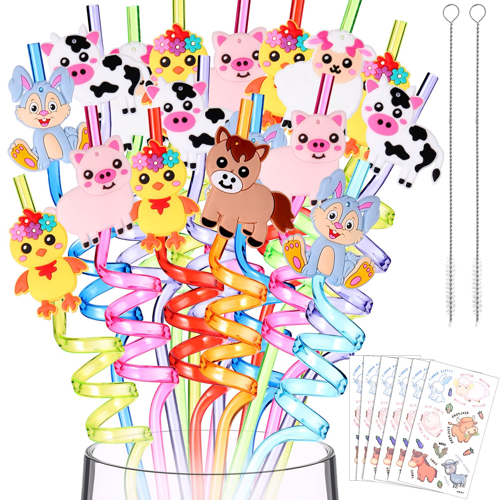 40 Pieces Farm Animals Straws Goodie Gifts, 6 Sheets Farm Animals Tattoos Sticker 32 Pcs Plastic Reusable Farm Animals Drinking Straws with 2 Cleaning Brushes for Kids Birthday Farm Party Supplies