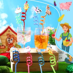 40 Pieces Farm Animals Straws Goodie Gifts, 6 Sheets Farm Animals Tattoos Sticker 32 Pcs Plastic Reusable Farm Animals Drinking Straws with 2 Cleaning Brushes for Kids Birthday Farm Party Supplies