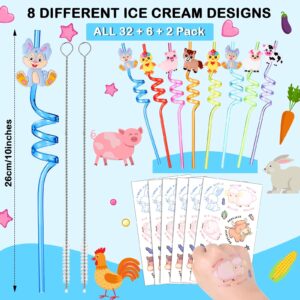 40 Pieces Farm Animals Straws Goodie Gifts, 6 Sheets Farm Animals Tattoos Sticker 32 Pcs Plastic Reusable Farm Animals Drinking Straws with 2 Cleaning Brushes for Kids Birthday Farm Party Supplies