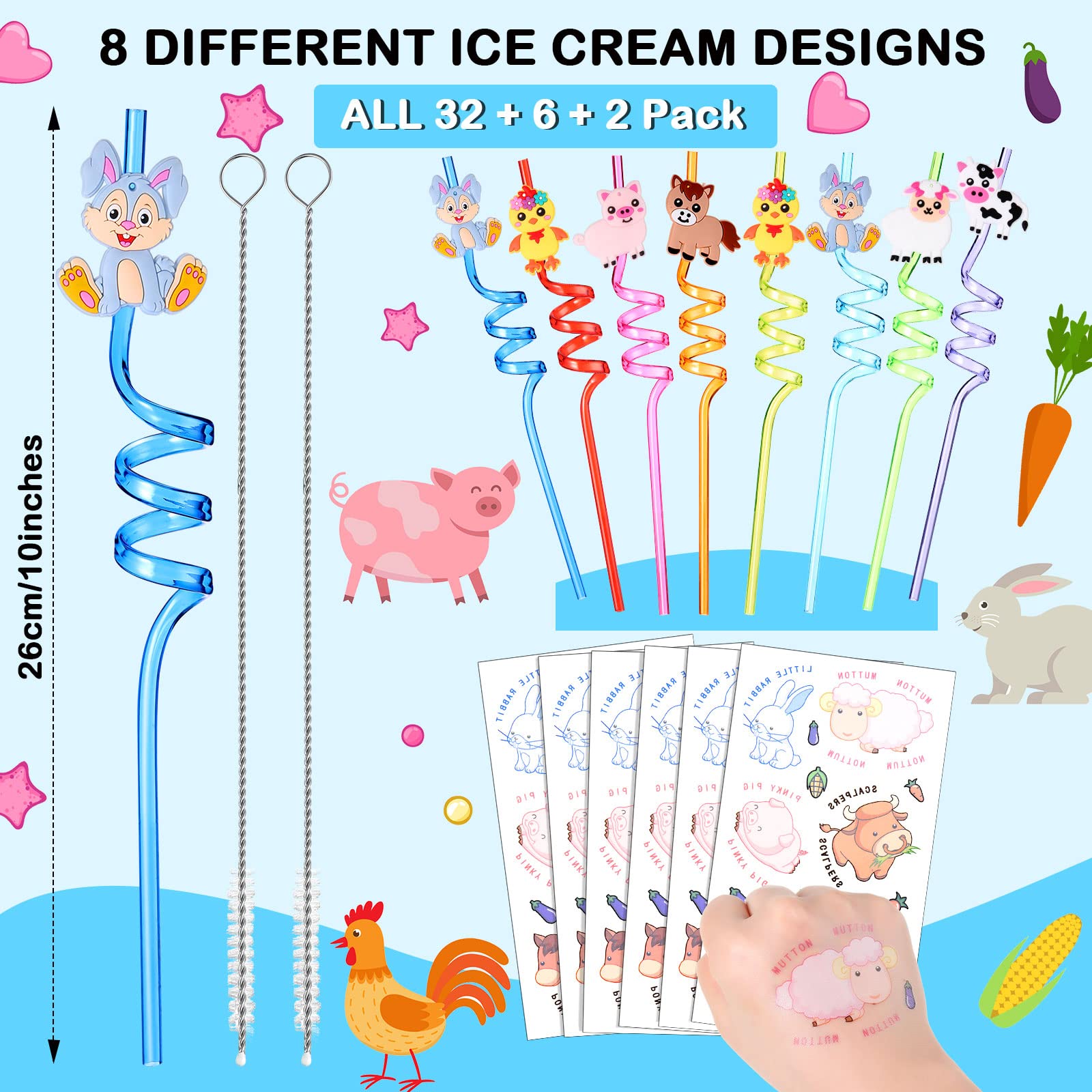 40 Pieces Farm Animals Straws Goodie Gifts, 6 Sheets Farm Animals Tattoos Sticker 32 Pcs Plastic Reusable Farm Animals Drinking Straws with 2 Cleaning Brushes for Kids Birthday Farm Party Supplies