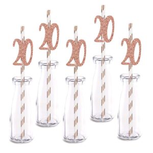 rose happy 20th birthday straw decor, rose gold glitter 24pcs cut-out number 20 party drinking decorative straws, supplies