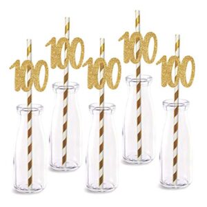 100th birthday paper straw decor, 24-pack real gold glitter cut-out numbers happy 100 years party decorative straws