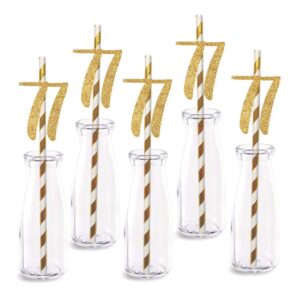 77th birthday paper straw decor, 24-pack real gold glitter cut-out numbers happy 77 years party decorative straws