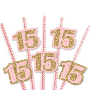 Big Dot of Happiness Mis Quince Anos - Paper Straw Decor - Quinceanera Sweet 15 Birthday Party Striped Decorative Straws - Set of 24