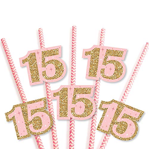 Big Dot of Happiness Mis Quince Anos - Paper Straw Decor - Quinceanera Sweet 15 Birthday Party Striped Decorative Straws - Set of 24