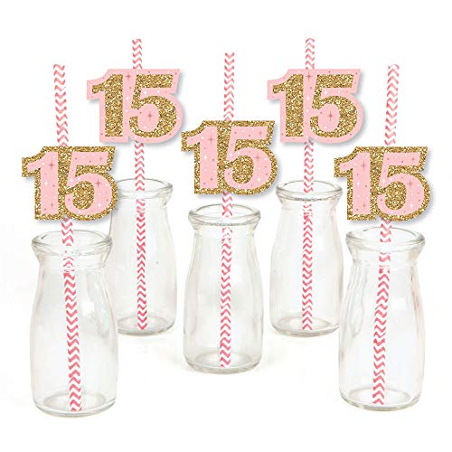 Big Dot of Happiness Mis Quince Anos - Paper Straw Decor - Quinceanera Sweet 15 Birthday Party Striped Decorative Straws - Set of 24