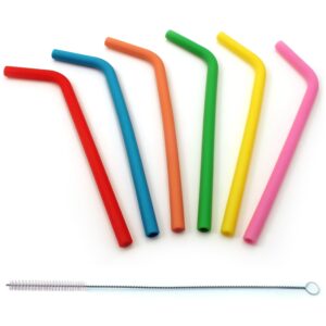 igadgitz home reusable 100% food grade bpa free soft silicone travel drinking straws with metal cleaning brush – set of 6 (red, orange, yellow, pink, green, blue)