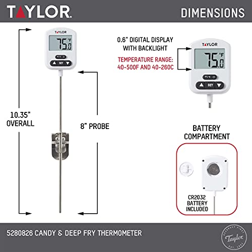 Taylor Programmable Digital Candy and Deep Fry Thermometer with Green Light Alert Display and Adjustable Pan Clip