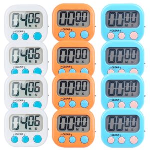 12 pack small digital kitchen timer magnetic back and on/off switch,minute second count up countdown（white,blue,orange