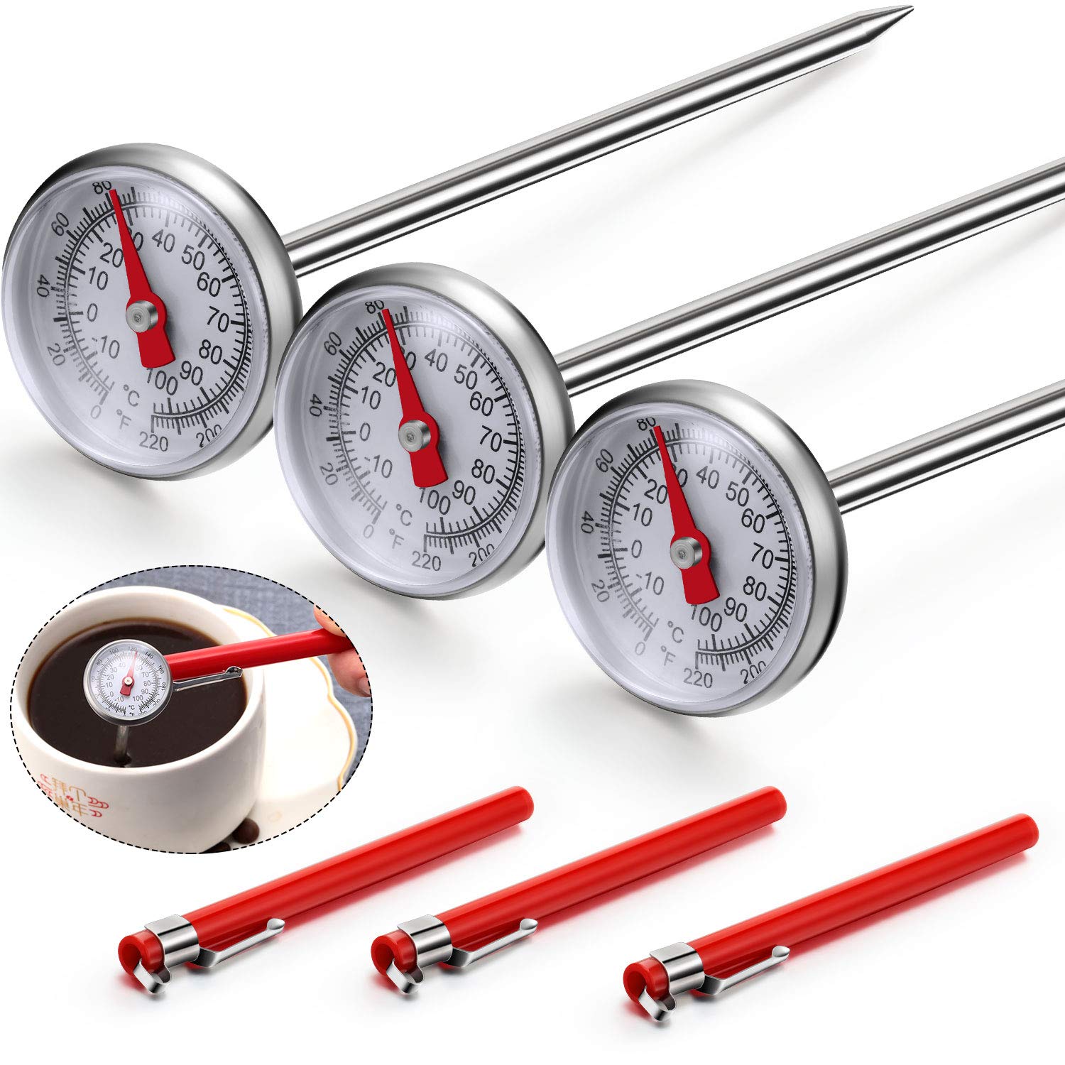 3 Pieces Immediate Read Pocket Thermometer Milk Frothing Thermometer 1 Inch Stainless Steel Dial Thermometer with 3 Pieces Calibration Sleeves for Coffee Drinks Chocolate Milk Foam