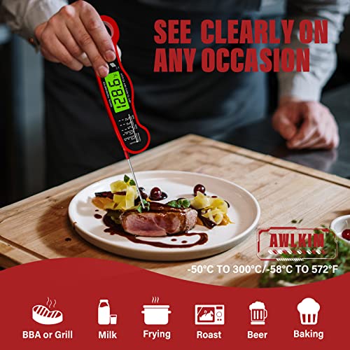 AWLKIM Meat Thermometer Digital - Fast Instant Read Food Thermometer for Cooking, Candy Making, Outside Grill, Waterproof Kitchen Thermometer with Backlight & Hold Function - Red