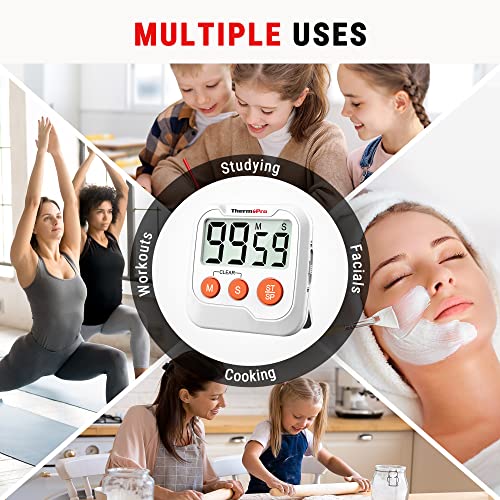 ThermoPro TM03 Digital Timer for Kids & Teachers, Kitchen Timers for Cooking with 2-Level Alarm Volume, Countdown Timer Stopwatch for Classroom Supplies, Exercise, Baking, Playtime or Work, 2-Pack
