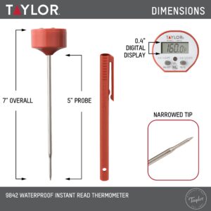 Taylor Waterproof Digital Instant Read Thermometer For Cooking, BBQ, Grilling, Baking, And Meat, Comes With Pocket Sleeve Clip, Red