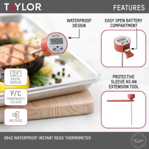 Taylor Waterproof Digital Instant Read Thermometer For Cooking, BBQ, Grilling, Baking, And Meat, Comes With Pocket Sleeve Clip, Red