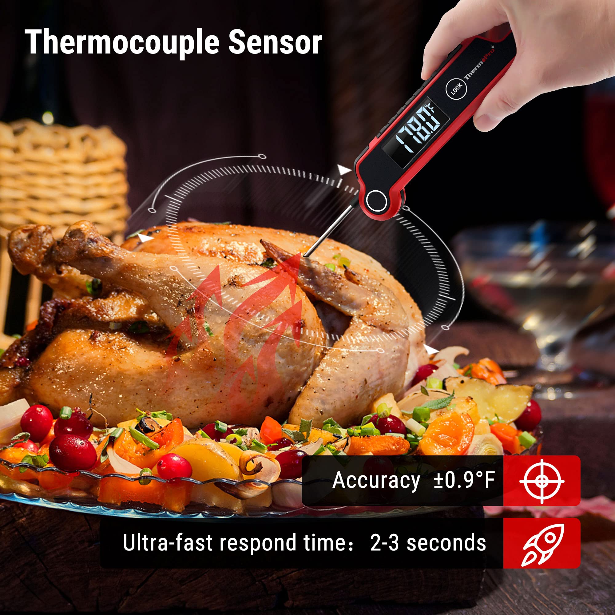 ThermoPro TP620 Instant Read Meat Thermometer Digital, Cooking Thermometer with Large Auto-Rotating LCD Display, Waterproof Food Thermometer Digital for Kitchen, BBQ, or Grill