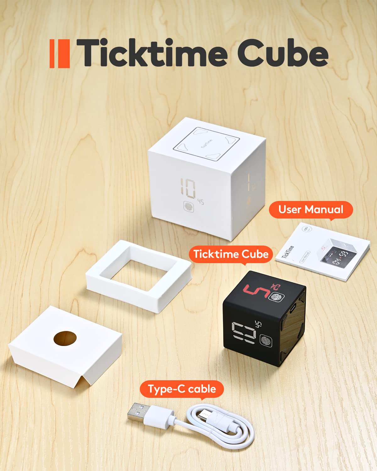 Ticktime Cube Pomodoro Timer, Productivity Timer, Pause & Resume, Mute, Vibration & Adjustable Sound Alert, for Task, Work, ADHD, ADD, Meeting, 1/3/5/10/15/25/45/60min & Custom Countdown - Black