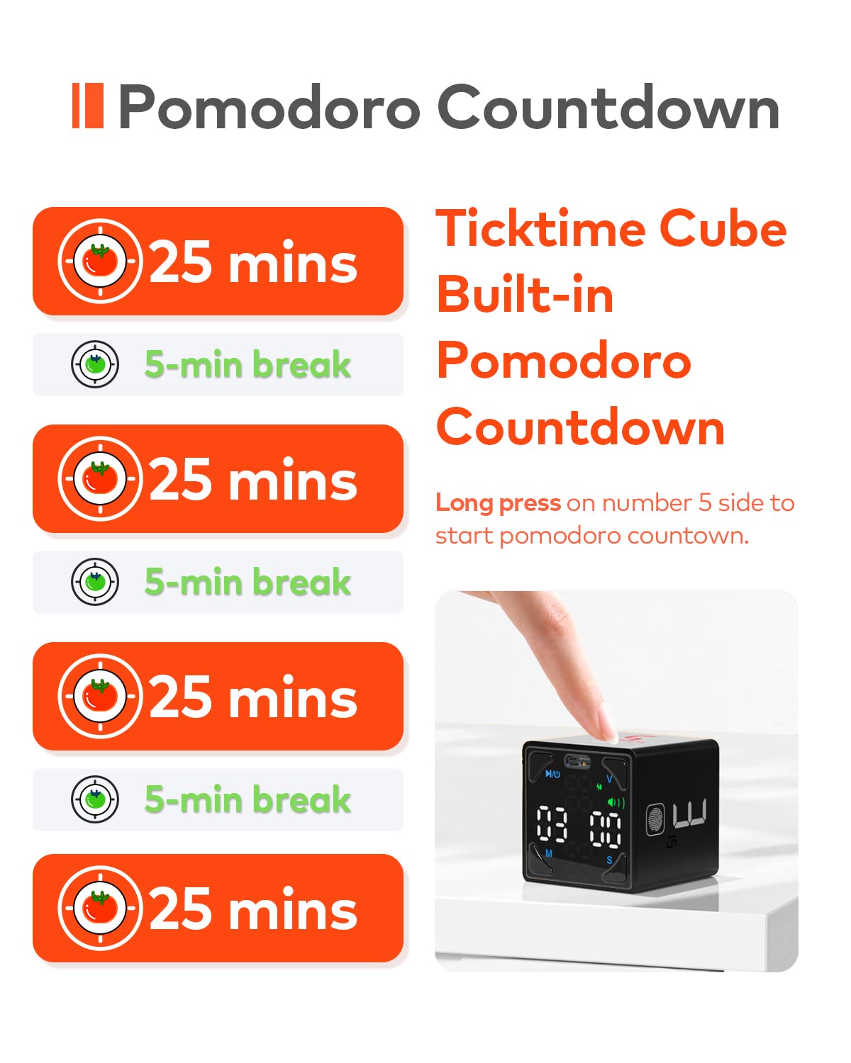 Ticktime Cube Pomodoro Timer, Productivity Timer, Pause & Resume, Mute, Vibration & Adjustable Sound Alert, for Task, Work, ADHD, ADD, Meeting, 1/3/5/10/15/25/45/60min & Custom Countdown - Black