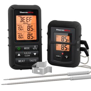 thermopro tp20b black 500ft wireless meat thermometer with dual meat probe, digital cooking food meat thermometer wireless for smoker bbq grill thermometer, nsf certified