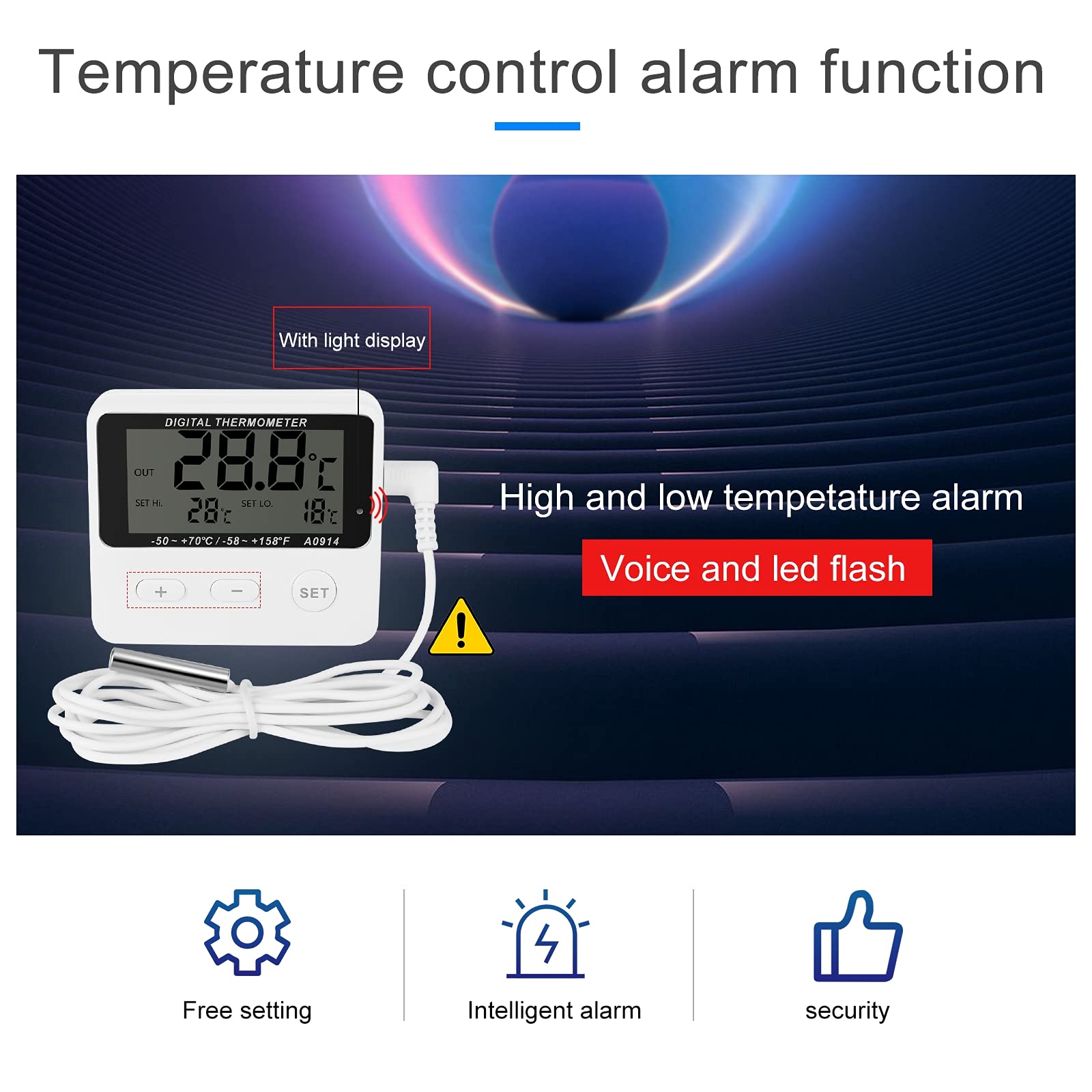 Refrigerator Thermometer,Freezer Thermometer,high and Low Temperature Alarm,Extra Sensor