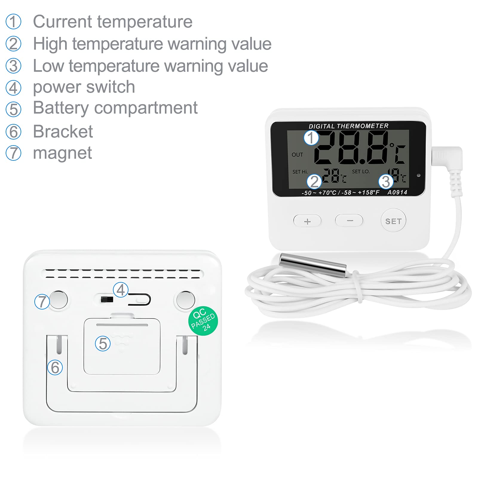 Refrigerator Thermometer,Freezer Thermometer,high and Low Temperature Alarm,Extra Sensor