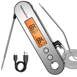 thermopro tp610 digital meat thermometer for cooking, rechargeable instant read food thermometer with rotating lcd screen, waterproof cooking thermometer with alarm for grilling, smoker, bbq, oven