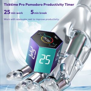 Ticktime Pomodoro Timer Clock, Productivity Timer Cube, ADHD Timer, Pause & Resume, Silent, Vibrate & Adjustable Sound Alert, for Work, Study, 5/15/25/30/45/60min & Custom Countdown, Purple