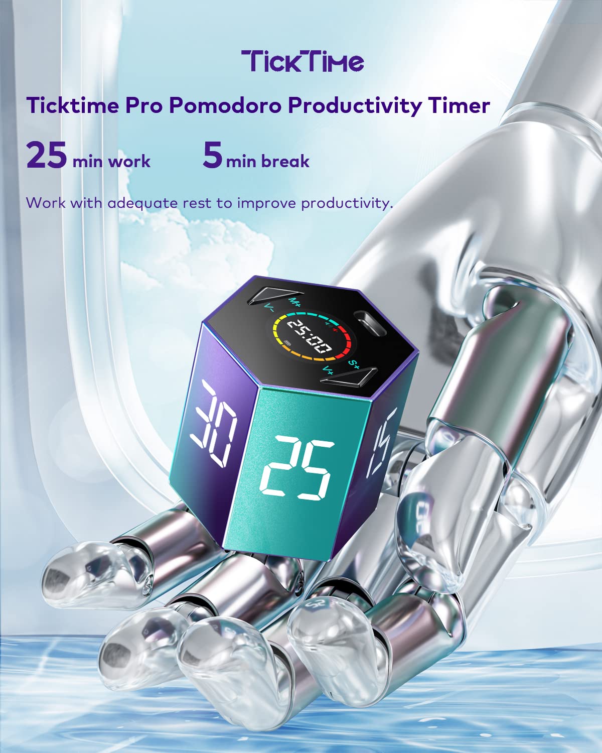 Ticktime Pomodoro Timer Clock, Productivity Timer Cube, ADHD Timer, Pause & Resume, Silent, Vibrate & Adjustable Sound Alert, for Work, Study, 5/15/25/30/45/60min & Custom Countdown, Purple