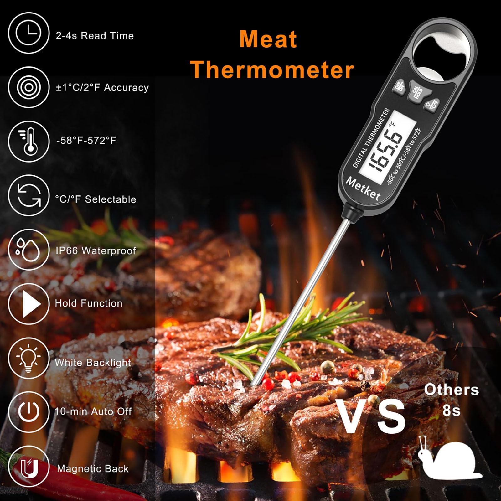 MetKet Waterproof Digital Food Thermometer 2 Pack, Instant Read Meat Thermometer for Cooking and Baking, Long Probe Thermometer for Grill BBQ Smoker Oven Oil Milk Candy Wine Thermometer