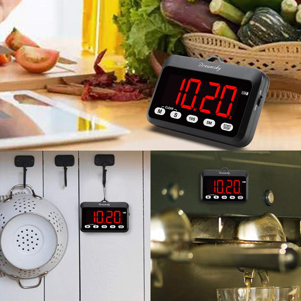 DreamSky Digital Kitchen Timer with Large Red LED Display, Count Up Countdown Timer for Classroom, Magnetic Digital Timer for Cooking/BBQ/Sports/Yoga, Battery Operated Timer with ON/Off Button