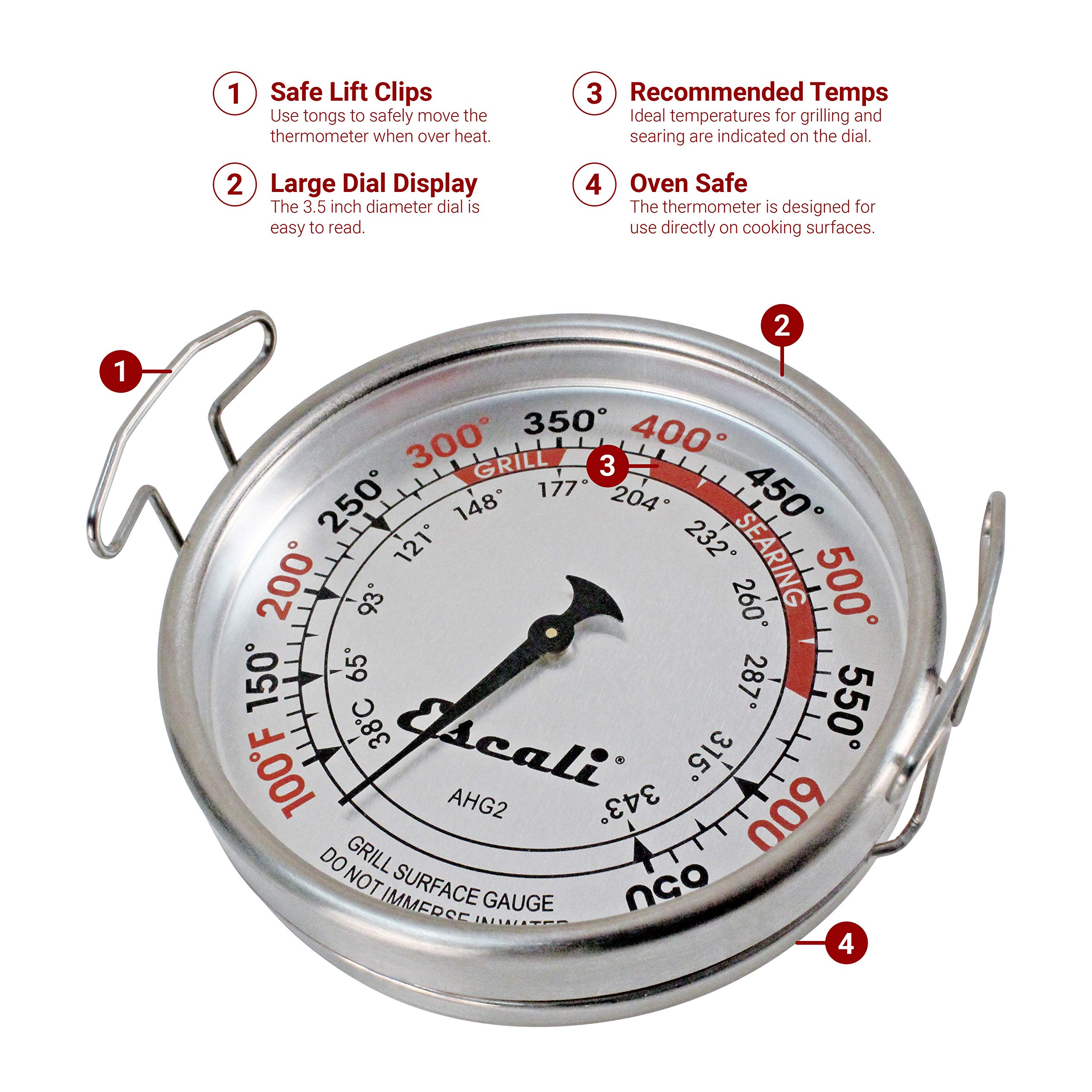 Escali AHG2 Stainless Steel Direct Grill Surface Thermometer, Searing Temperature Zones 100-500F Degree Range NSF Certified