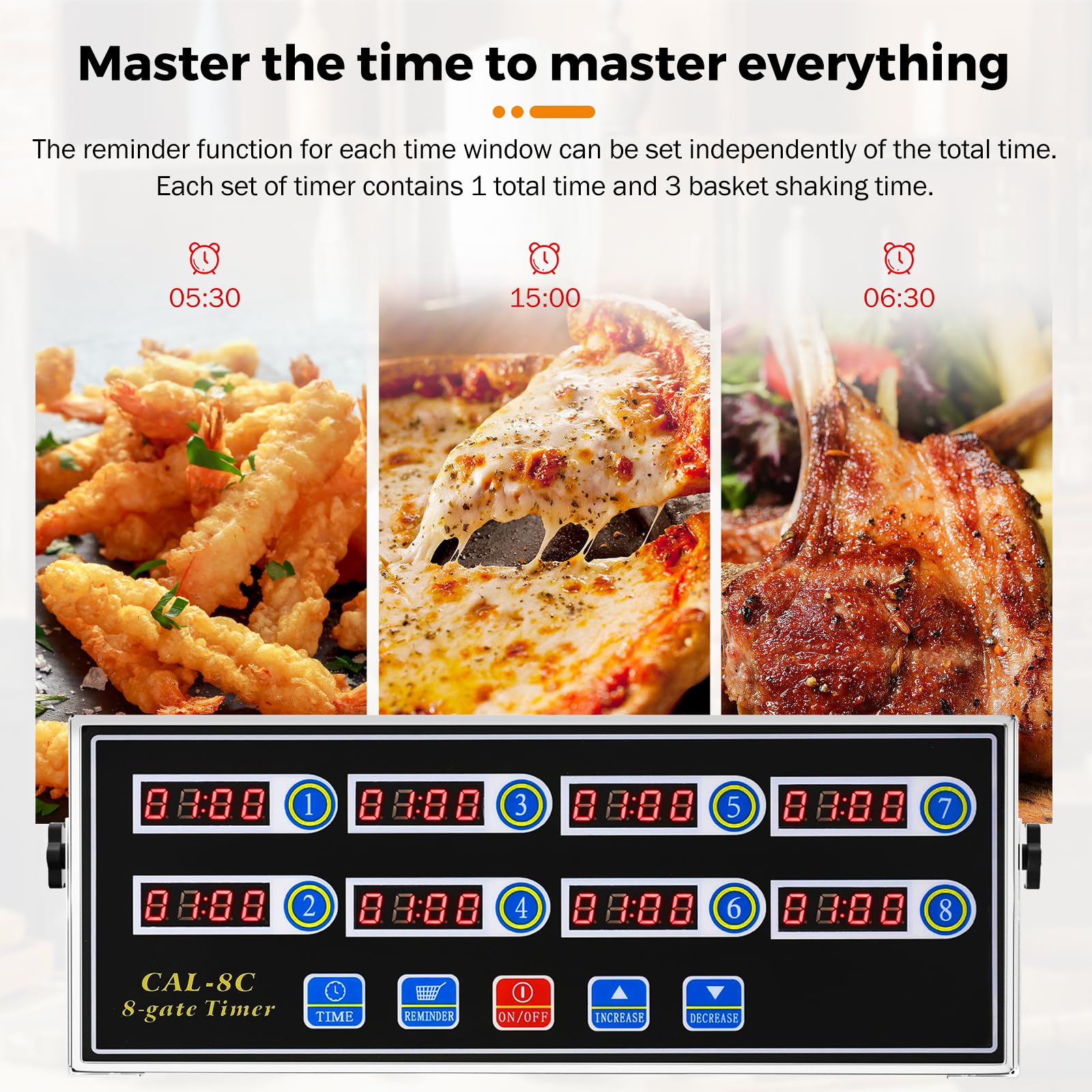 BEAMNOVA 8-Channel Digital Kitchen Timer Commercial Cooking Fryer Reminder Loud Ring Alarm Stainless Steel Adjustable Volume