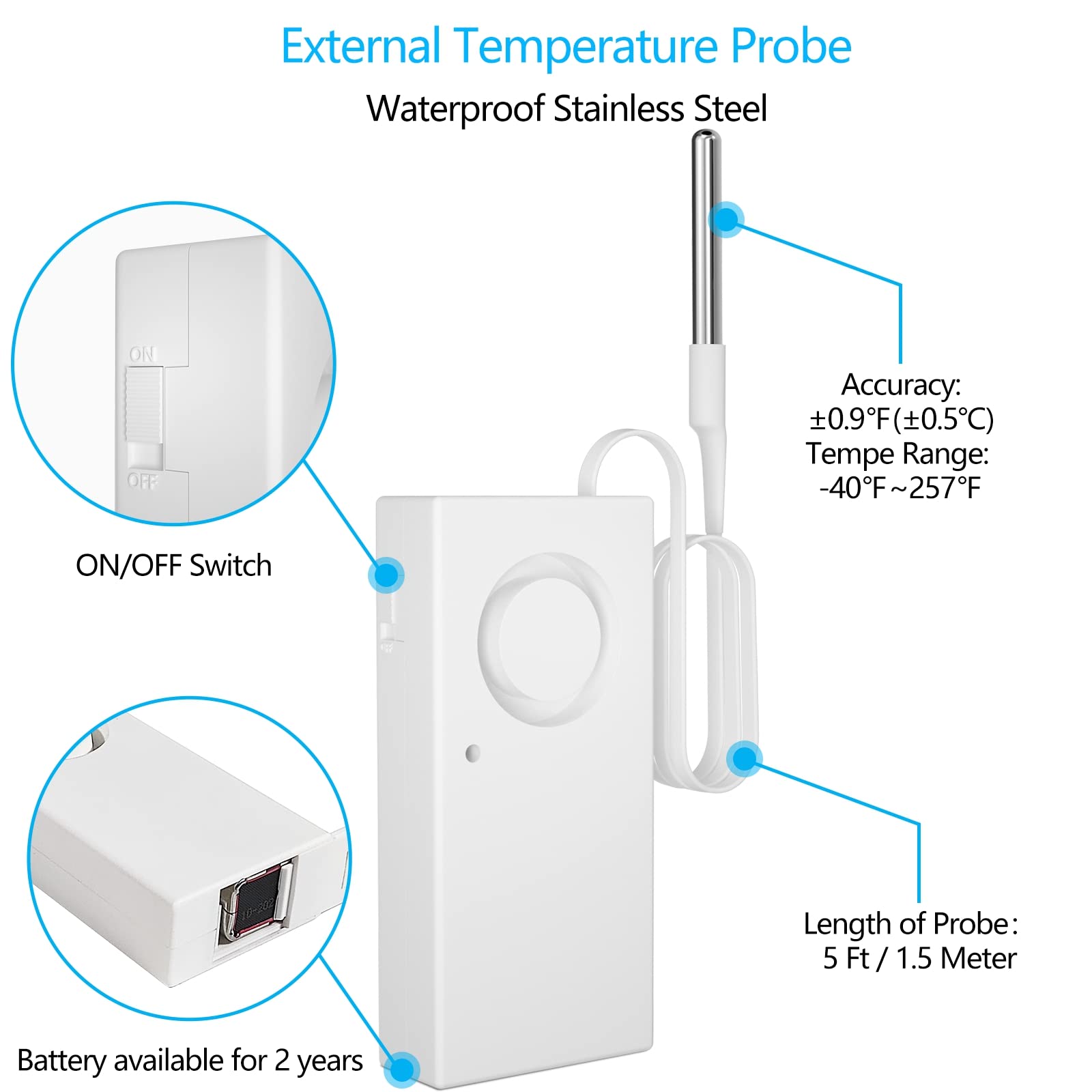 MOCREO Bluetooth Freezer Thermometer Alarm, 110dB Local Audible Alert, Max/Min Temperature Threshold, for Refrigerator, Fridge, Deep Freezer, Cold Chain