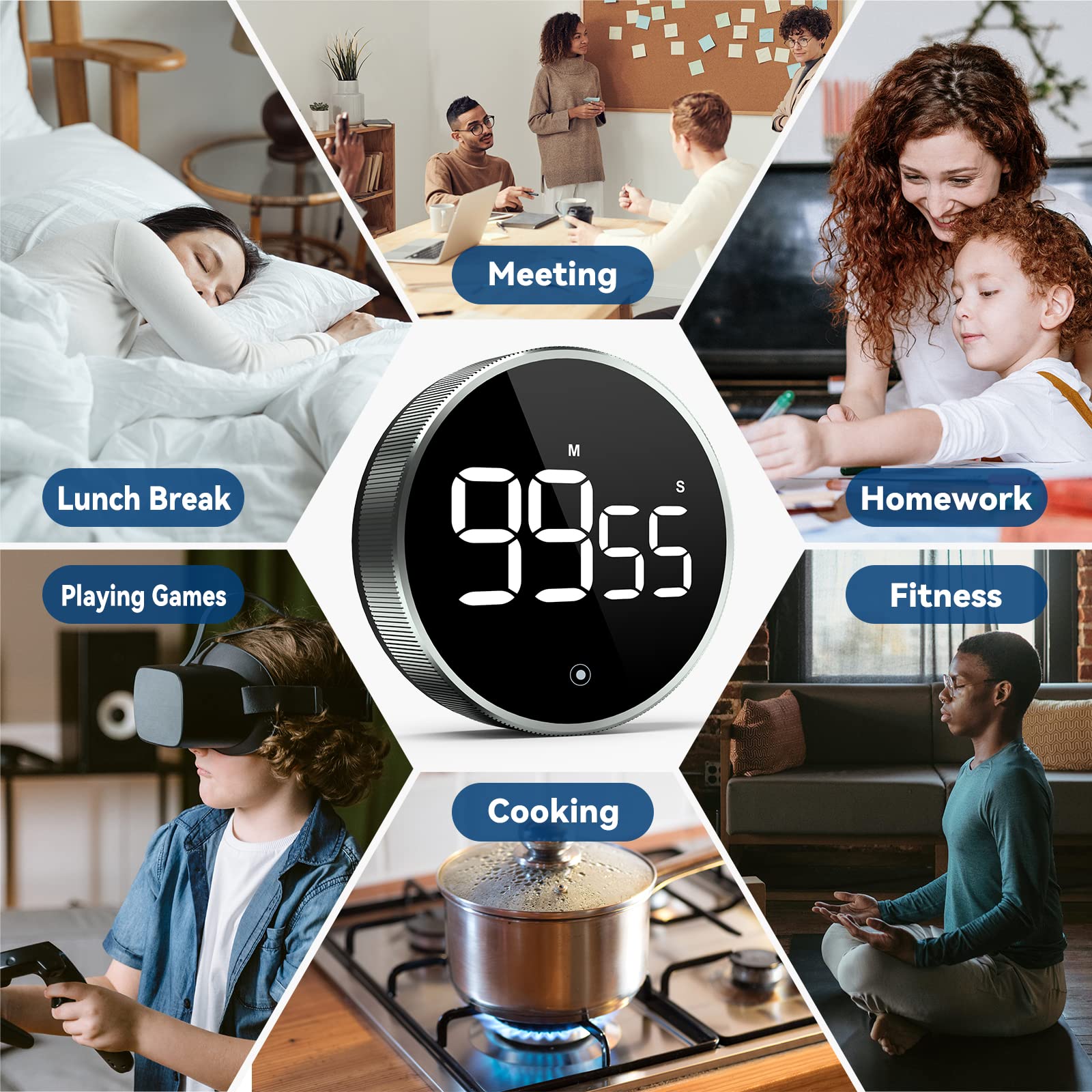 Digital Kitchen Timer, 3.8'' Large LED Display Countdown Countup Timer, Timer for Kids, Classroom Magnetic Timer, Adjustable Volume, Brightness, Easy for Cooking/Study/Office/Exercise (Ridged Knob)