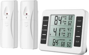 (upgraded) amir refrigerator thermometer, wireless indoor outdoor freezer thermometer, sensor temperature monitor with audible alarm temperature gauge for kitchen, freezer, home (battery not included)