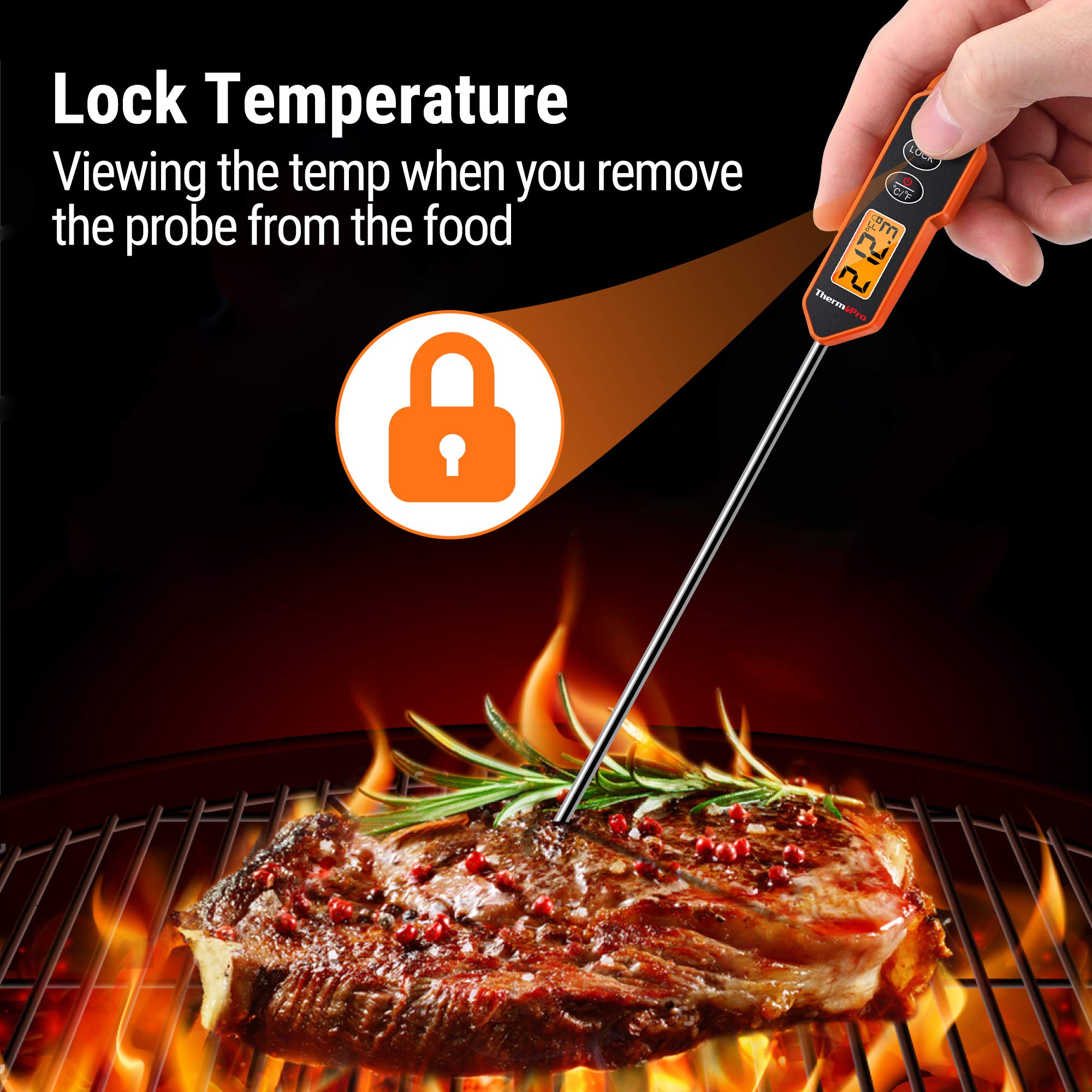 ThermoPro TP01H Digital Meat Thermometer with Long Probe, Food Thermometer for Cooking, Candy, Smoker, Oil, Grilling and BBQ, Instant Read Thermometer with Backlit & Lock Function