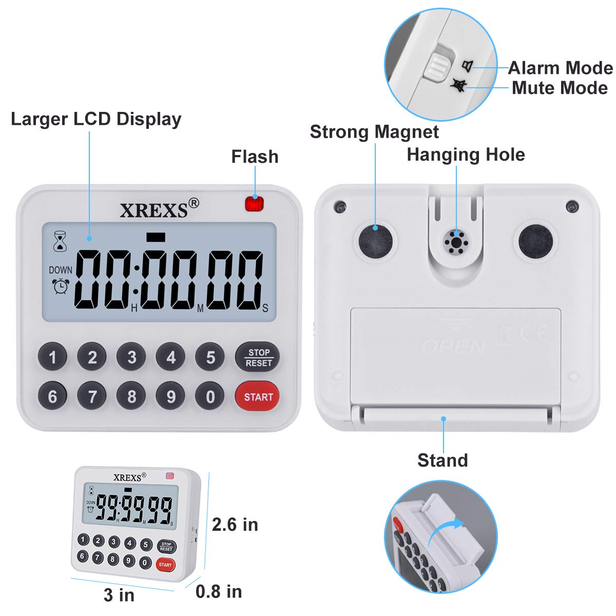 XREXS Digital Kitchen Timer Magnetic Countdown Up Cooking Timer Loud Alarm and Mute Optional, Magnet and Stand, Large Display Classroom Timer for Teachers (2 Batteries Included) Upgraded Version