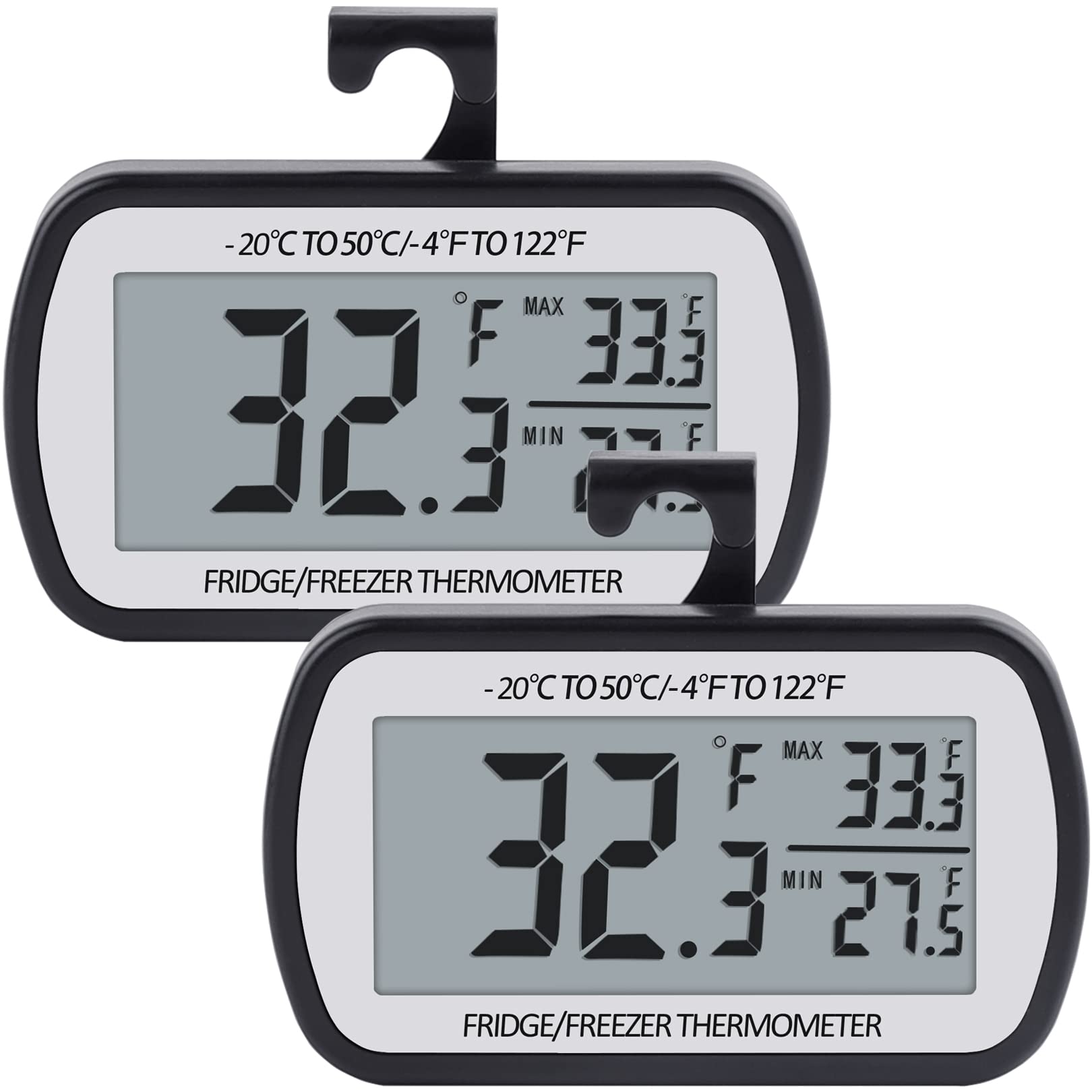 AEVETE Refrigerator Thermometer Digital Fridge Freezer Thermometer with Magnetic Back Large LCD, No Frills Easy to Read (Black-2 Pack)