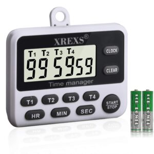 xrexs 4 channels digital kitchen timer clock, cooking timer with large lcd display, 4 groups simultaneous timing countdown up pocket timer, magnetic attachable (battery included) (396)