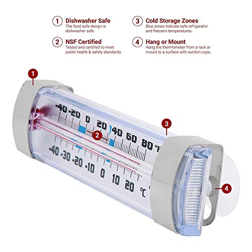 Escali AHF2 Shatter Proof Glass Refrigerator Freezer Thermometer with Suction Cups, Safe Temperature Indications, Fridge and Freezer Temperature Zones NSF Certified