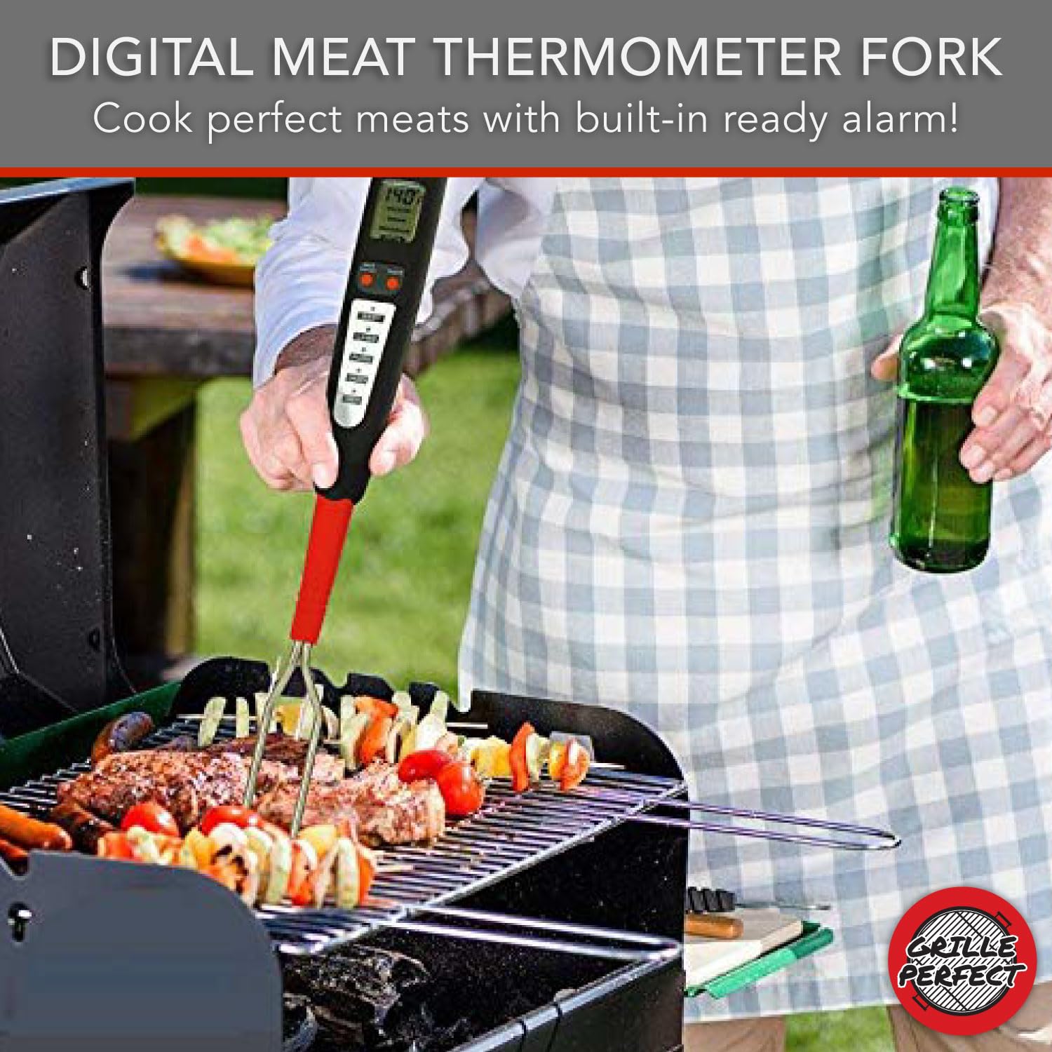 Digital Meat Thermometer Fork for Grilling and Barbecue Fast Read Electronic Probes with Ready Alarm Quick Accurate BBQ Temperature Turner for Steak Chicken Hot Grilled Food