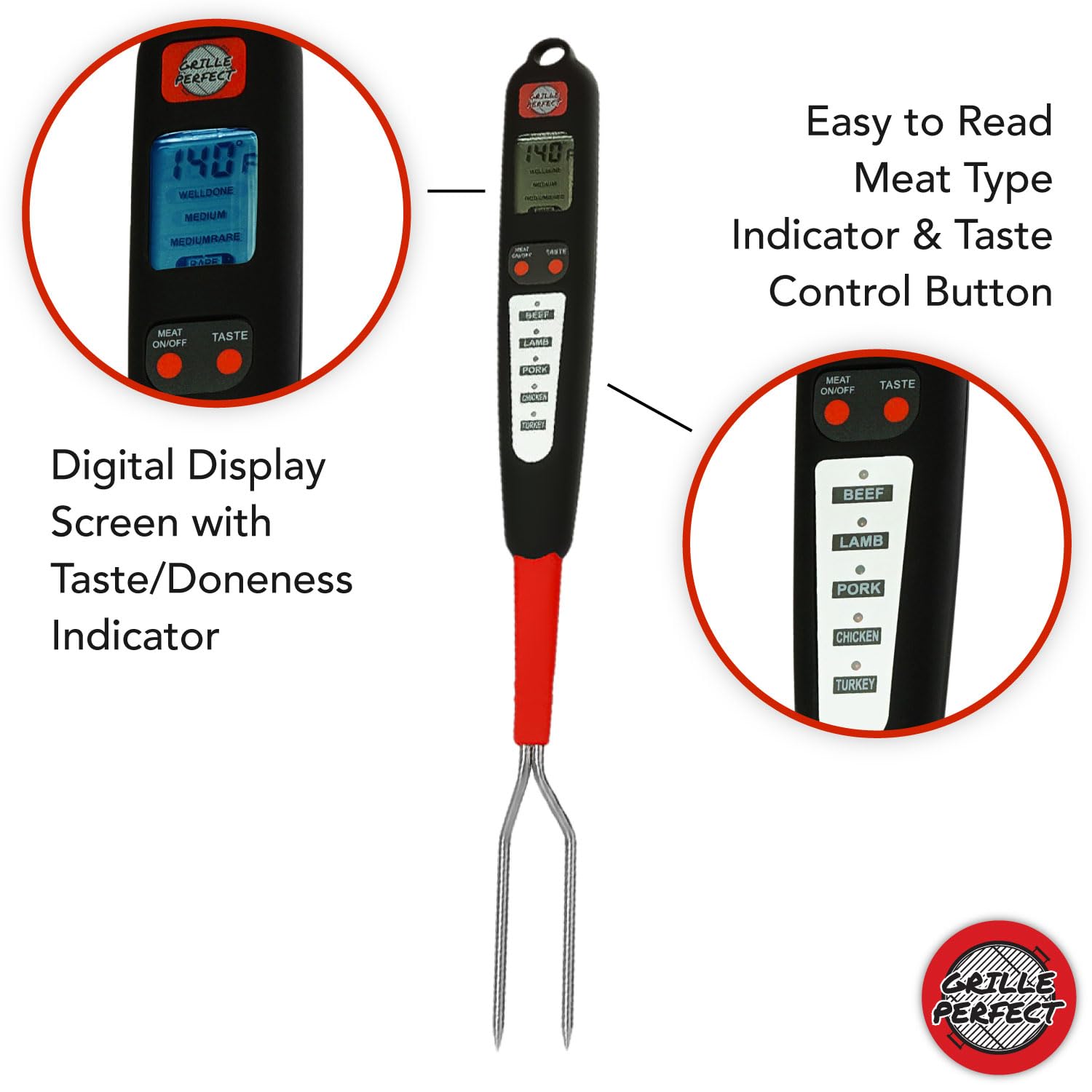 Digital Meat Thermometer Fork for Grilling and Barbecue Fast Read Electronic Probes with Ready Alarm Quick Accurate BBQ Temperature Turner for Steak Chicken Hot Grilled Food